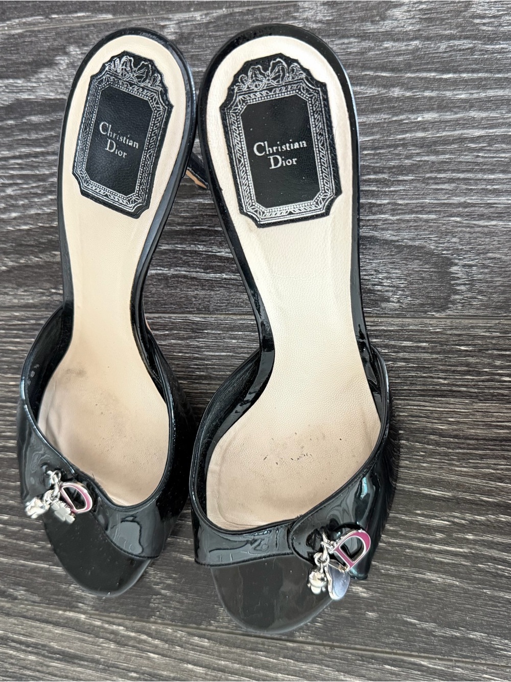 Dior Black Patent Leather Open-Toe Heels with Silver & Pink 'D' Charms - Picture 9 of 9